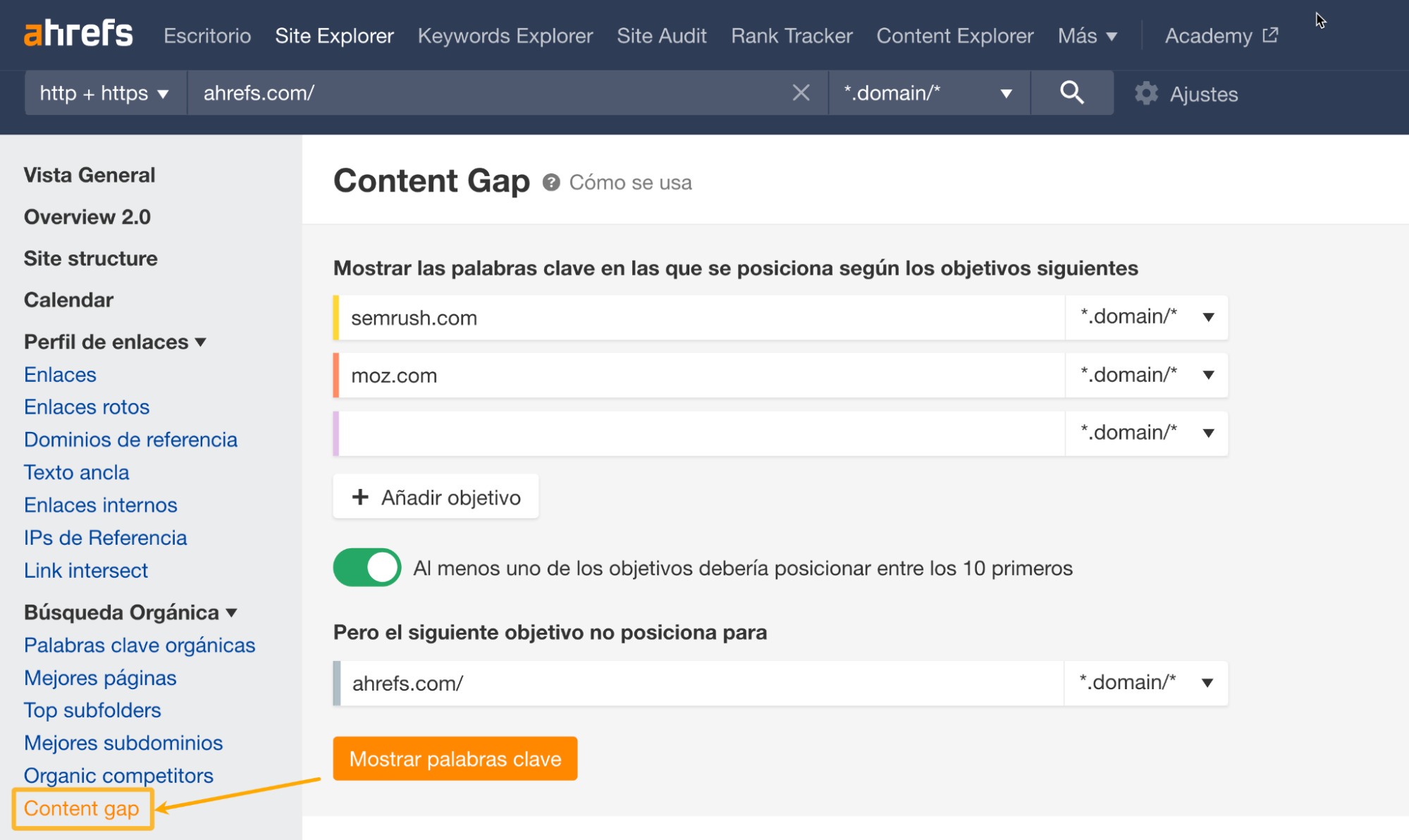 Herramienta Content Gap en el Site Explorer de Ahrefs.
