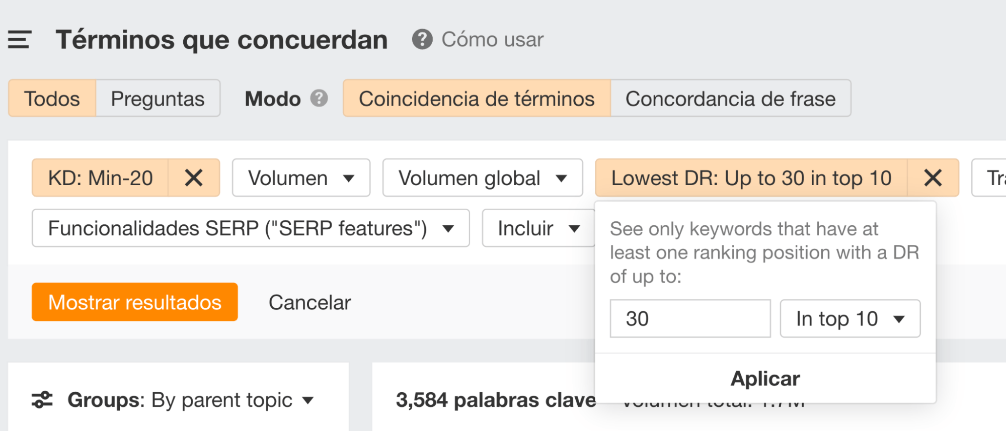 Términos que concuerdan en Keywords Explorer de Ahrefs