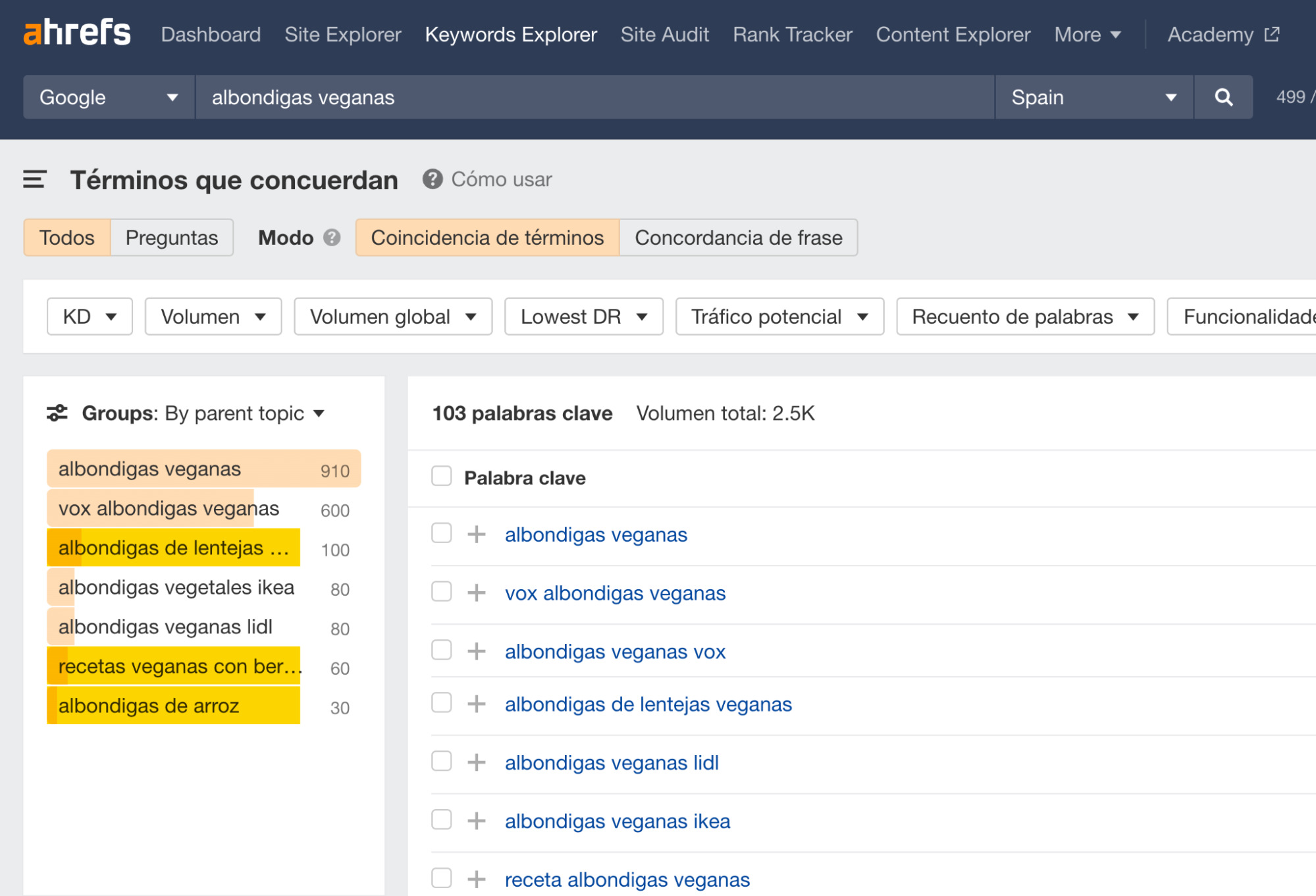 Variaciones de palabras clave semilla en el Keywords Explorer de Ahrefs