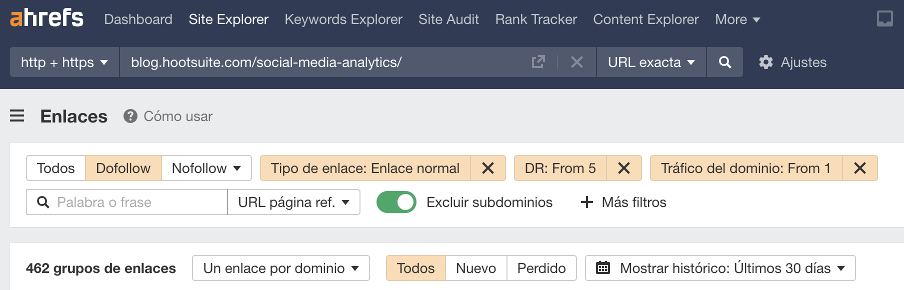 Filtrado de backlinks fuertes en el informe de enlaces de Site Explorer de Ahrefs