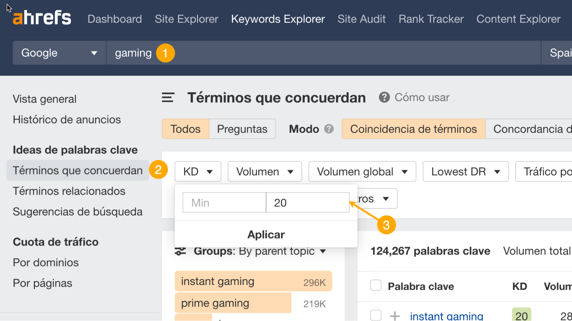 Cómo utilizar el Keywords Explorer para encontrar palabras clave con poca competencia.