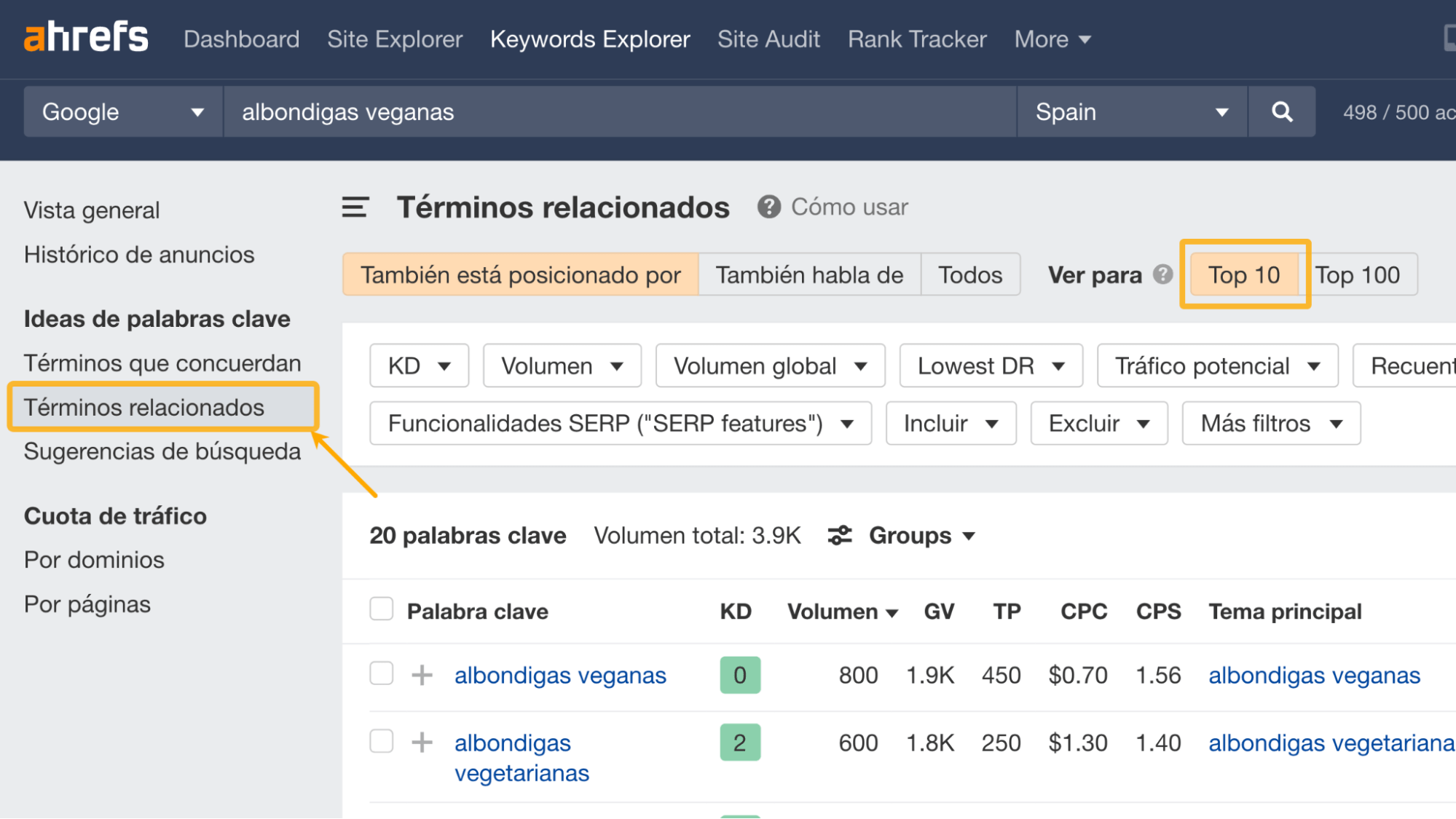 Informe de Términos relacionados en el Keywords Explorer de Ahrefs.