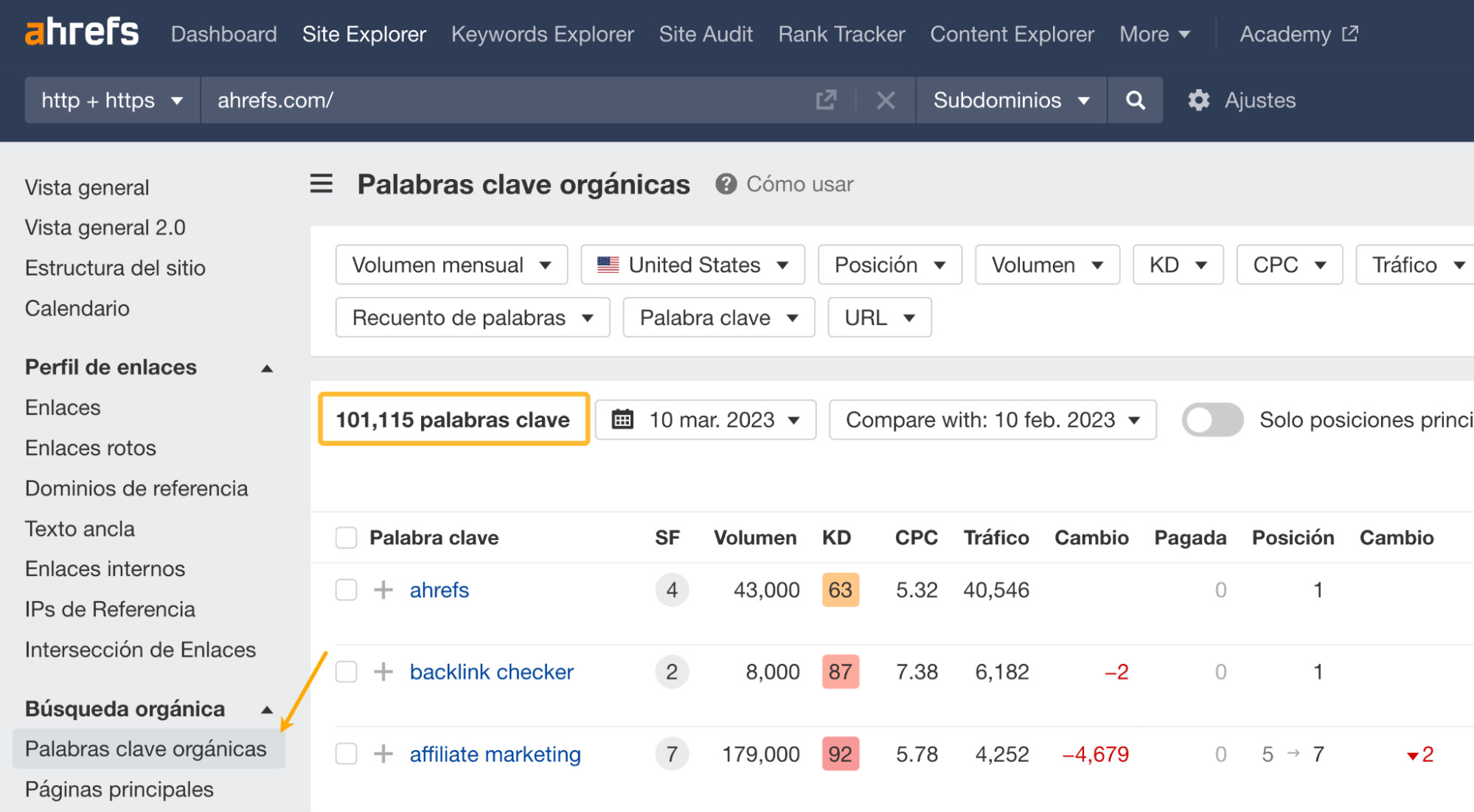 Informe de Palabras clave orgánicas en el Site Explorer de Ahrefs.