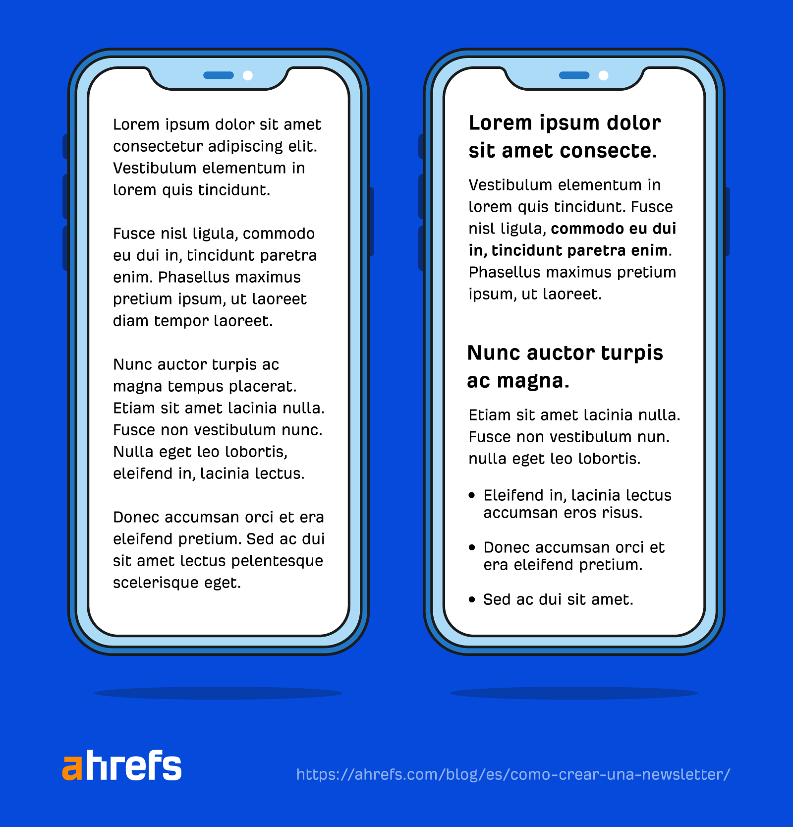 Dos pantallas de móvil con texto. En una se muestra texto sin formatear y la otra tiene texto con negritas, bullet points y encabezados.