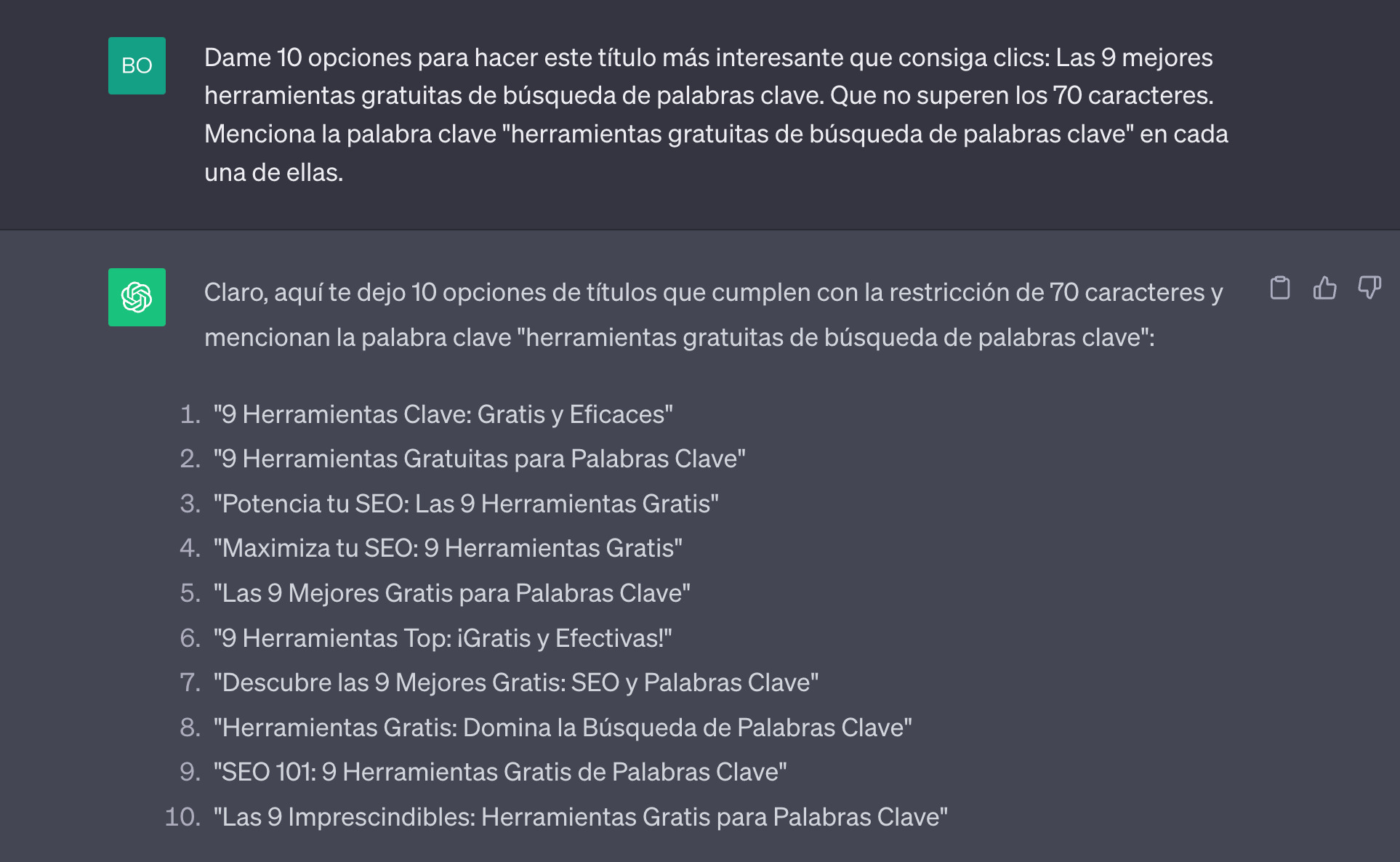 Pidiendo a ChatGPT que reescriba un título para SEO.