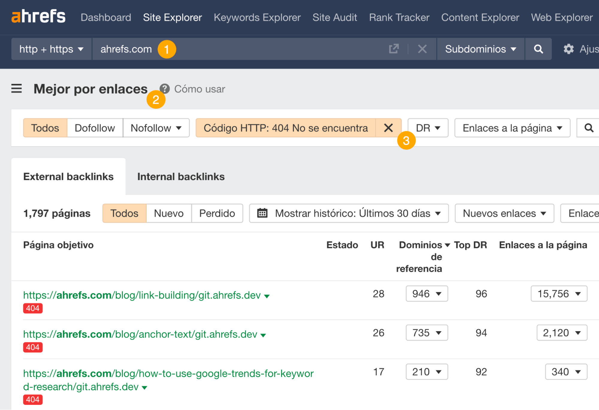 Buscando páginas rotas con backlinks.