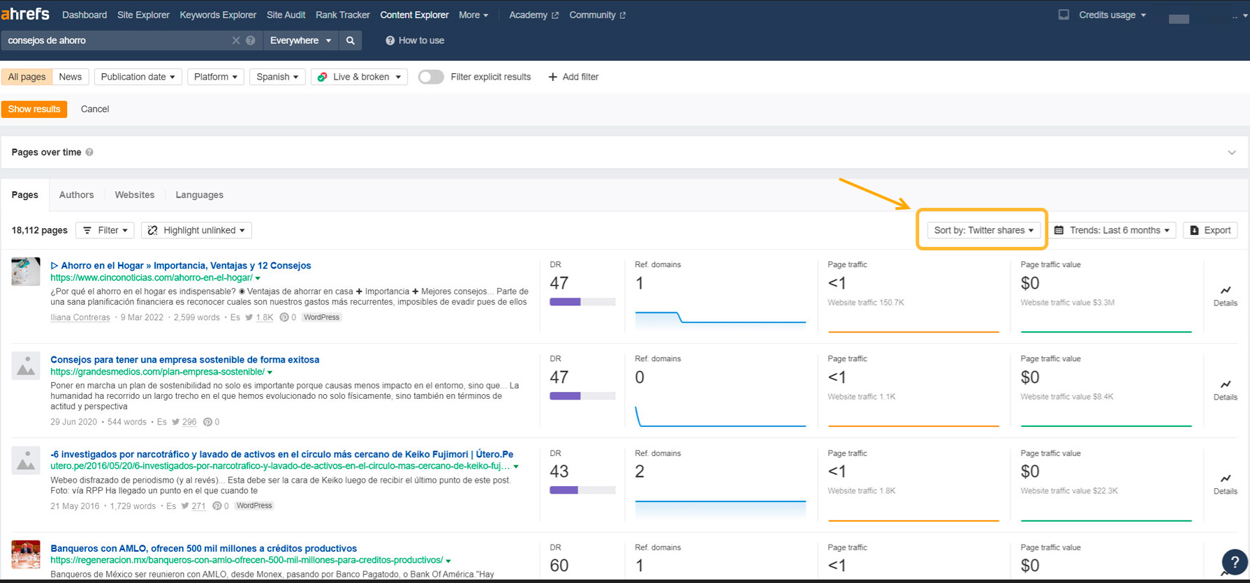 Búsquedas en Content Explorer de Ahrefs