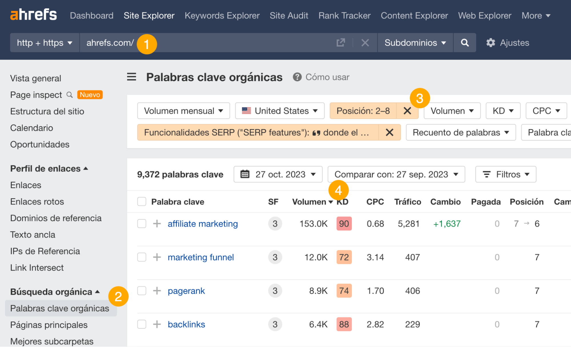 Buscando oportunidades de fragmentos destacados en Ahrefs.