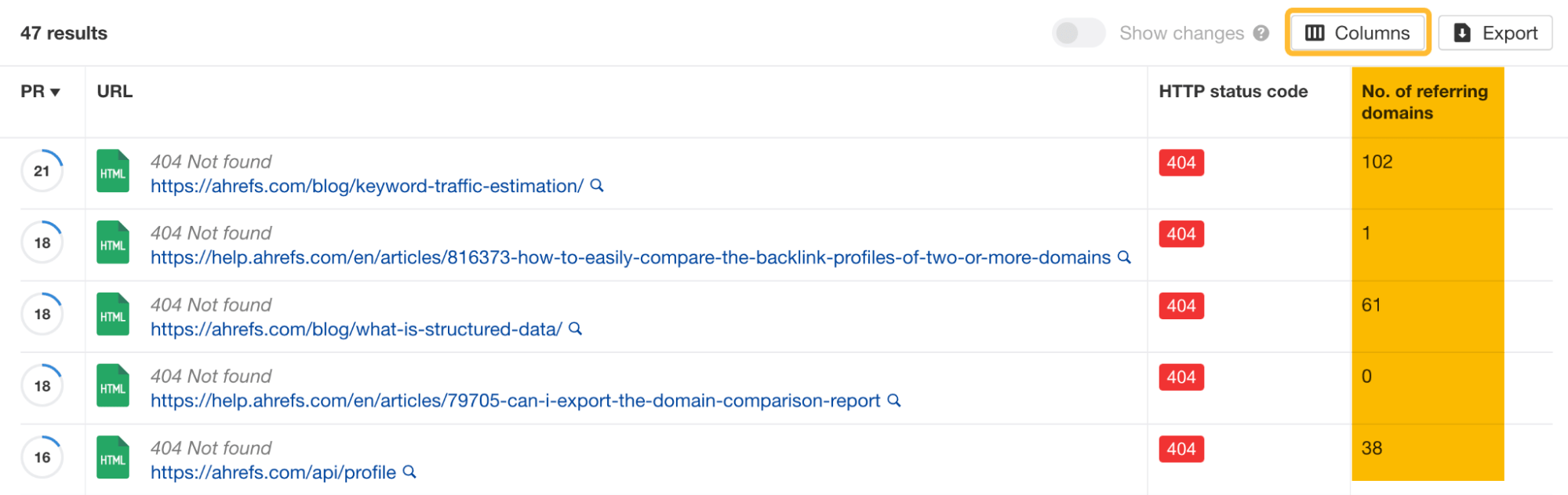 Informe que muestra las páginas rotas y el número de dominios de referencia que apuntan a ellas.