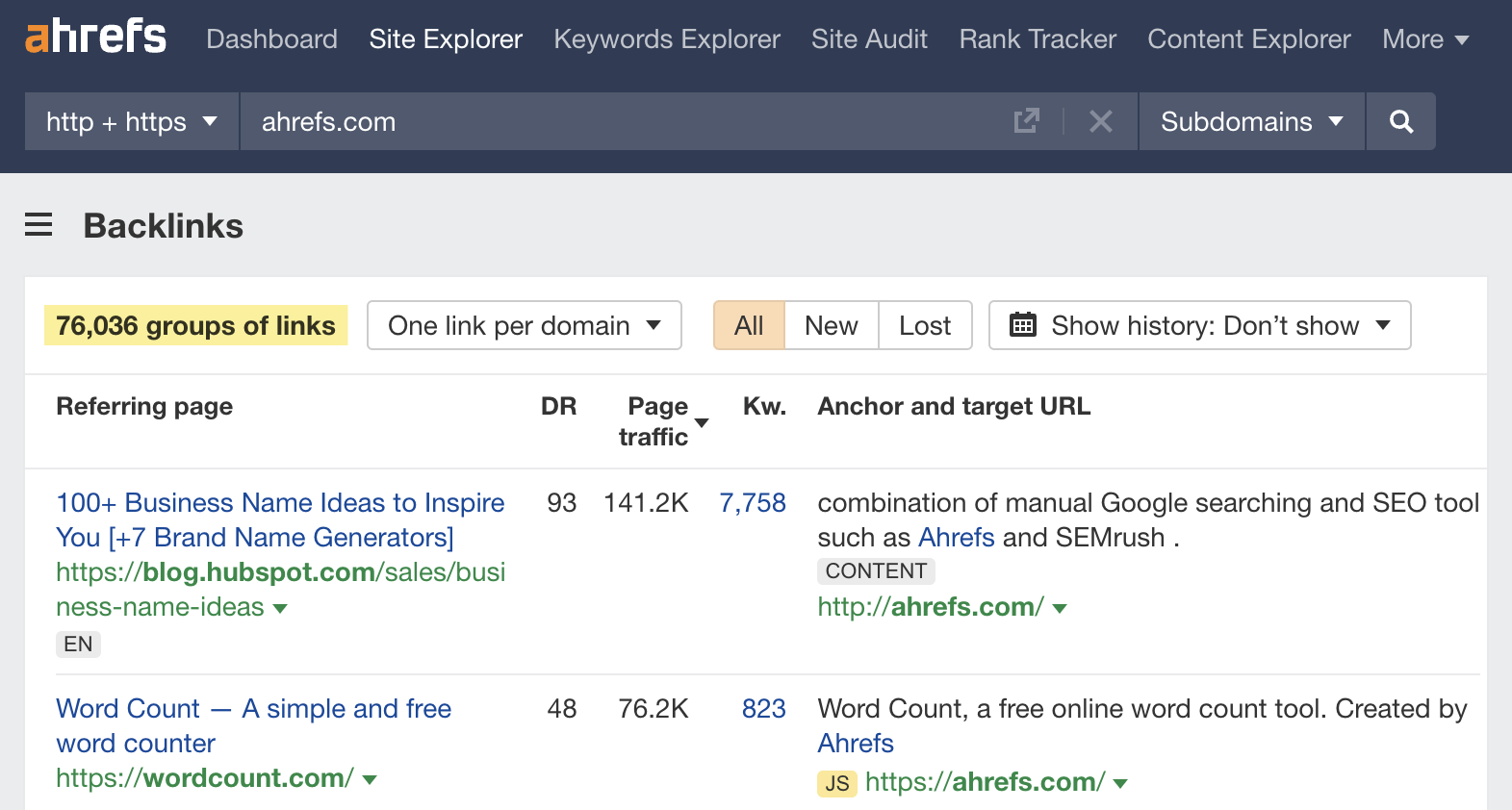Listado de backlinks en Site Explorer de Ahrefs
