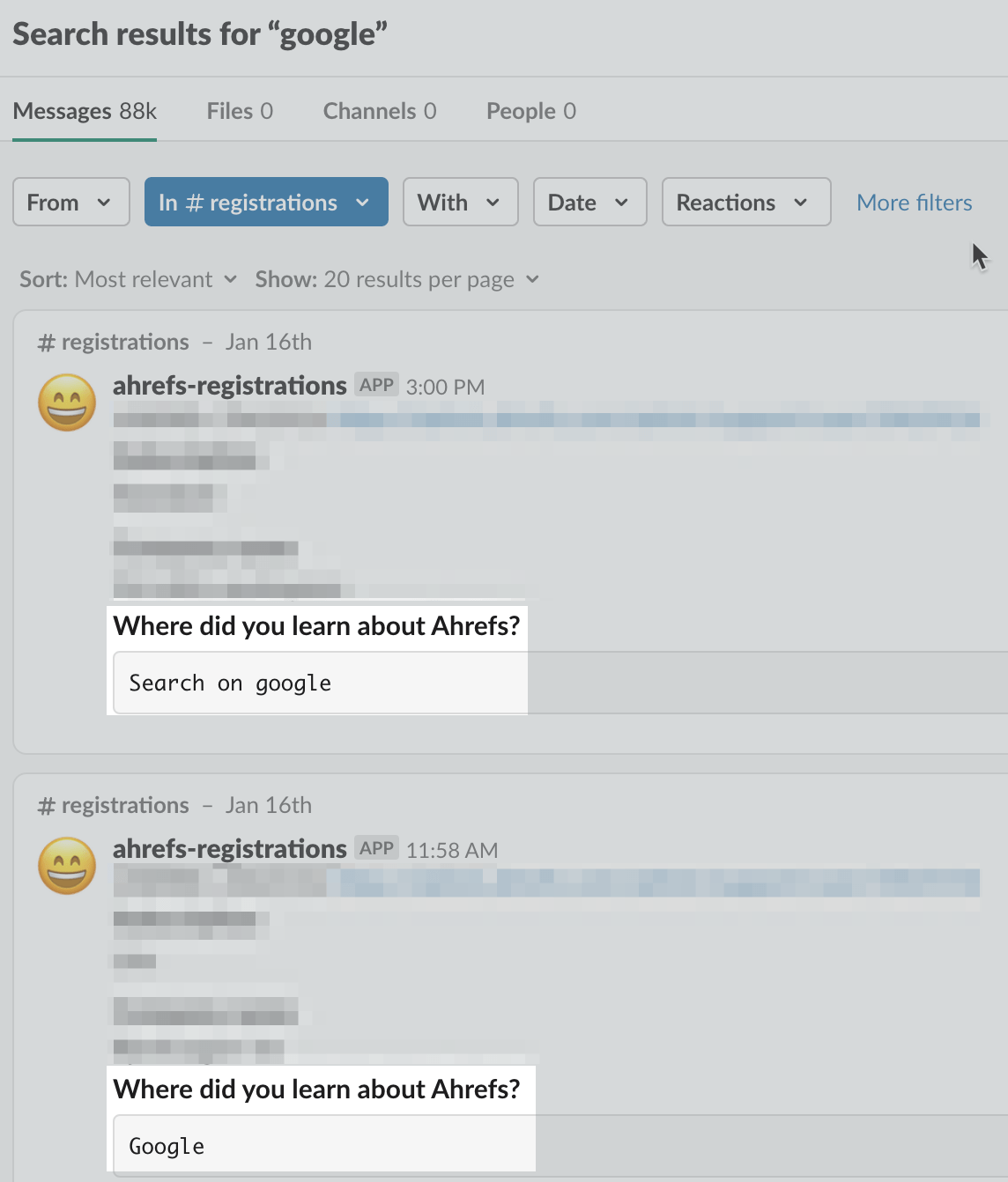 Clientes de Ahrefs que mencionan que se enteraron de nuestro producto a través de Google