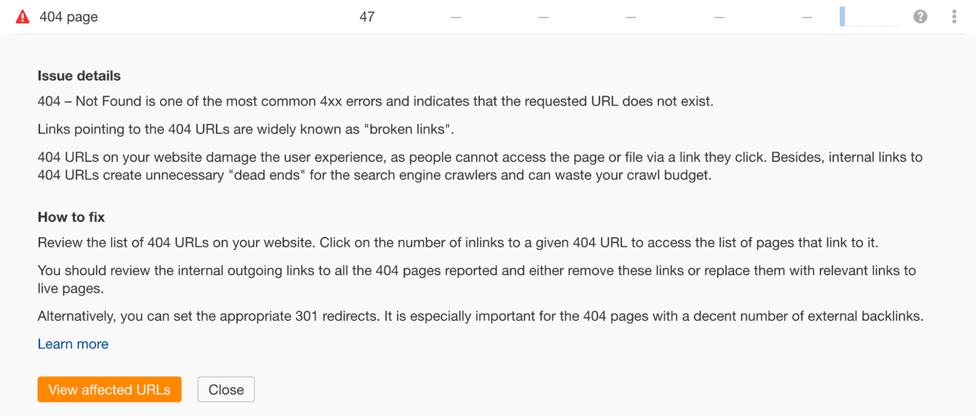 Detalles del problema de SEO con recomendaciones para solucionarlo.