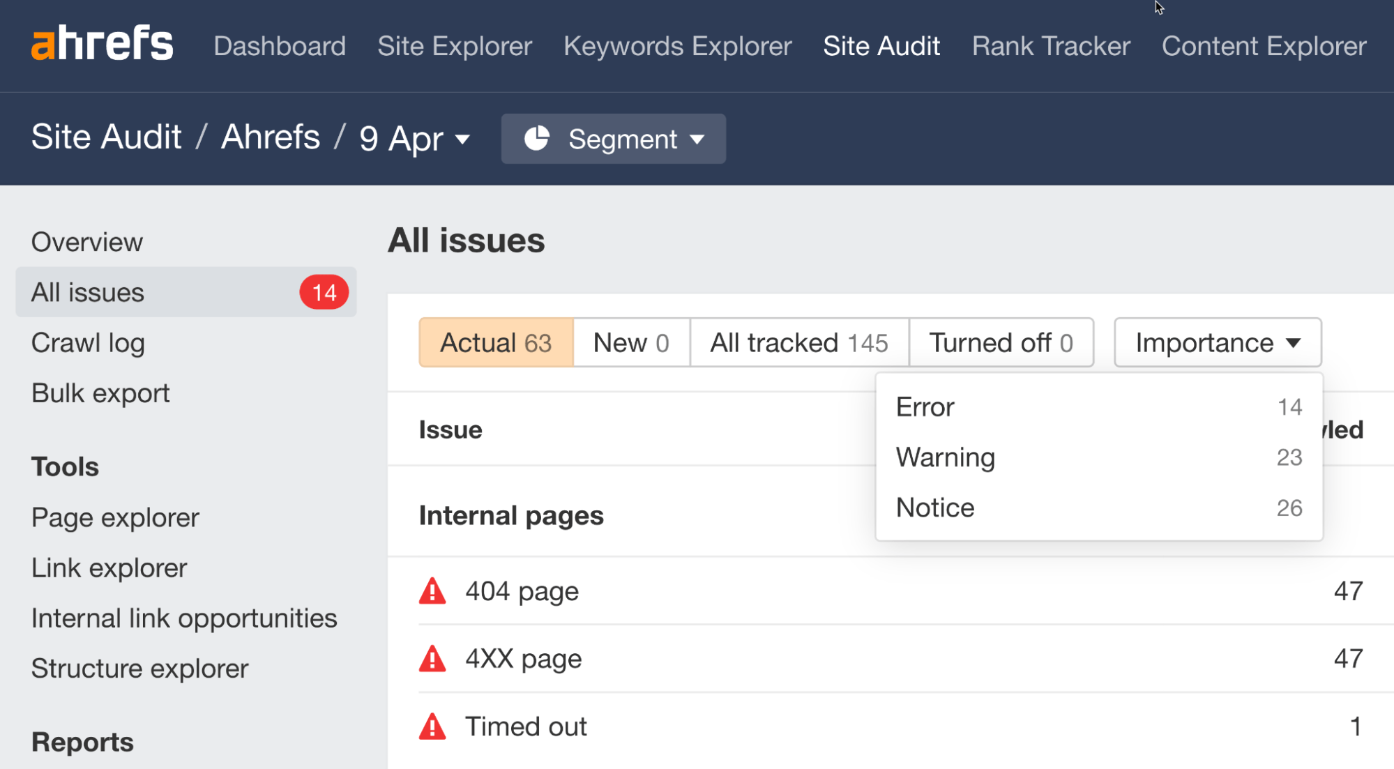 Informe de "All issues" en Site Audit.