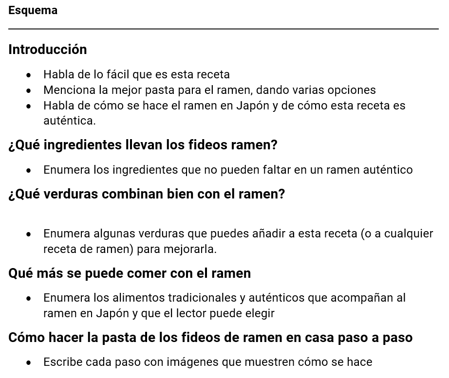Extracto de nuestra plantilla de esquema de contenidos