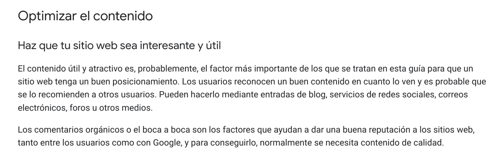 Extracto del artículo de Google en el que se habla de la importancia de crear contenidos interesantes y útiles.