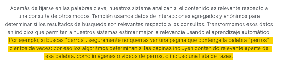 Pasaje de la página Cómo funciona la búsqueda de Google, que explica cómo Google analiza si un contenido es relevante
