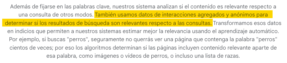 Pasaje de la página Cómo funciona la búsqueda de Google, que explica cómo Google analiza si un contenido es relevante