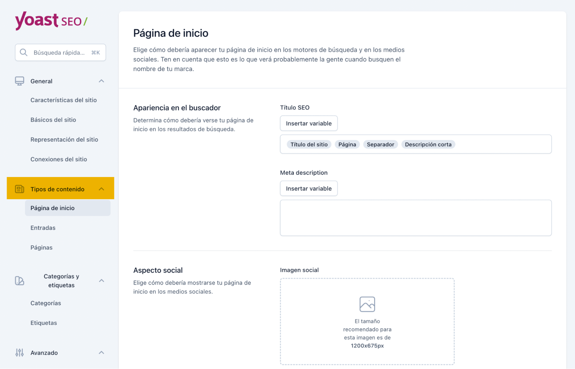 Panel para cambiar las metaetiquetas a través del plugin de WordPress Yoast SEO.