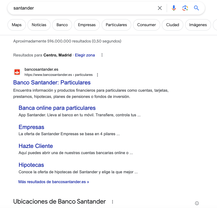 Google SERP para la consulta, "Santander"
