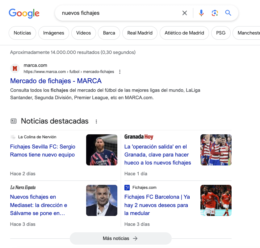 Google SERP para la consulta, "nuevos fichajes"