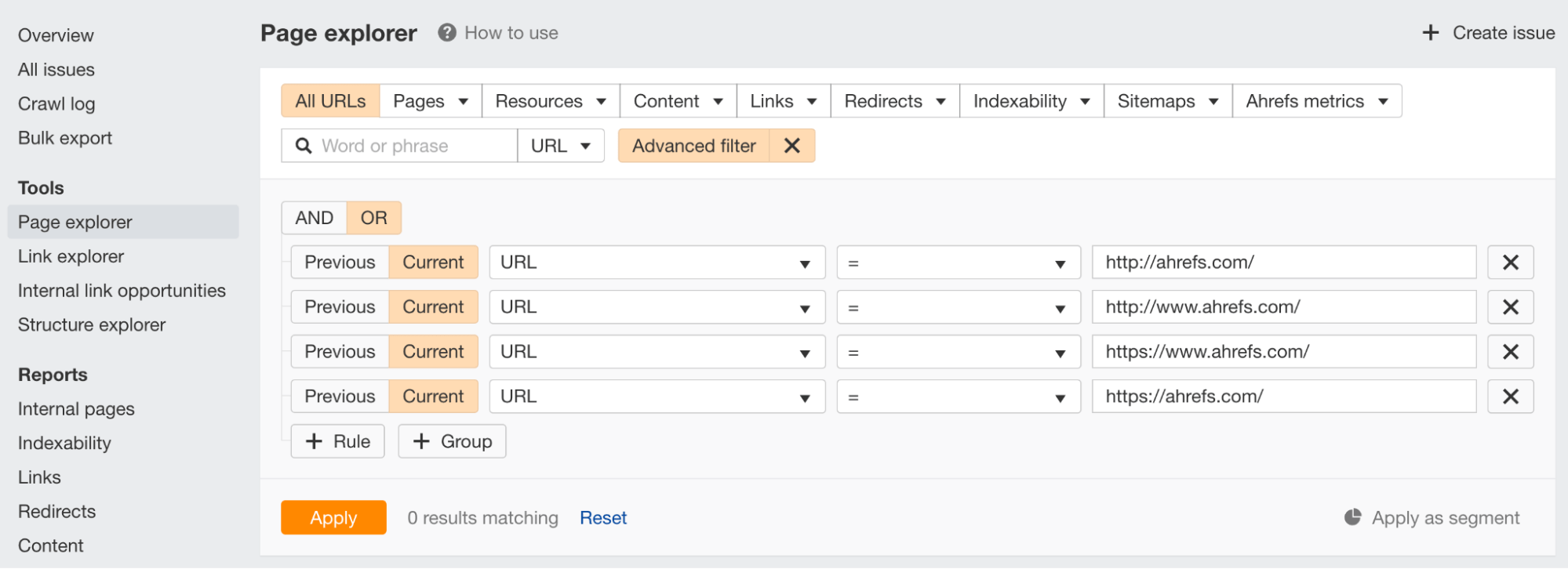 Filtros avanzados en el informe Page explorer.