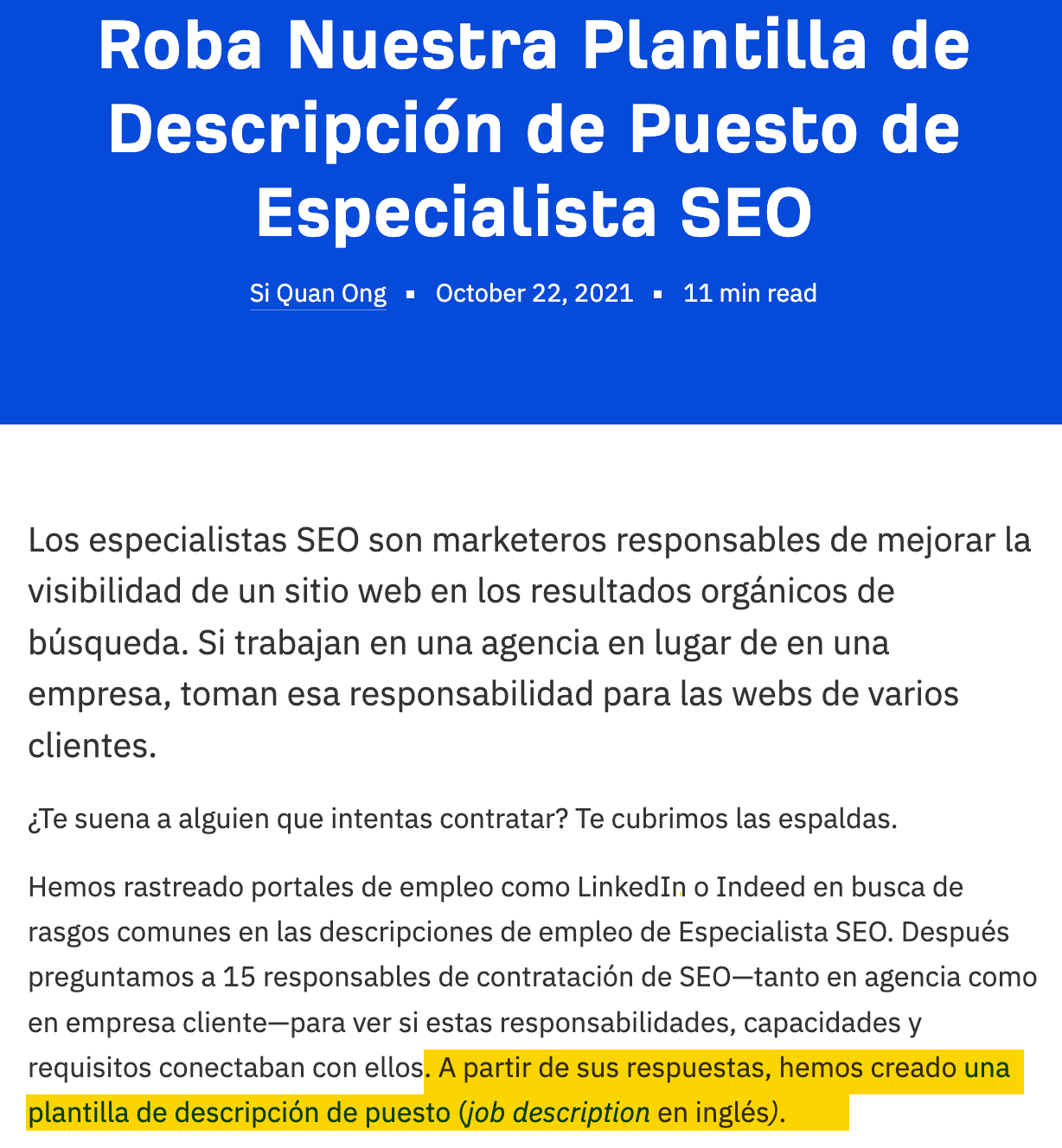 Ejemplo de plantilla compartida en un post de Ahrefs
