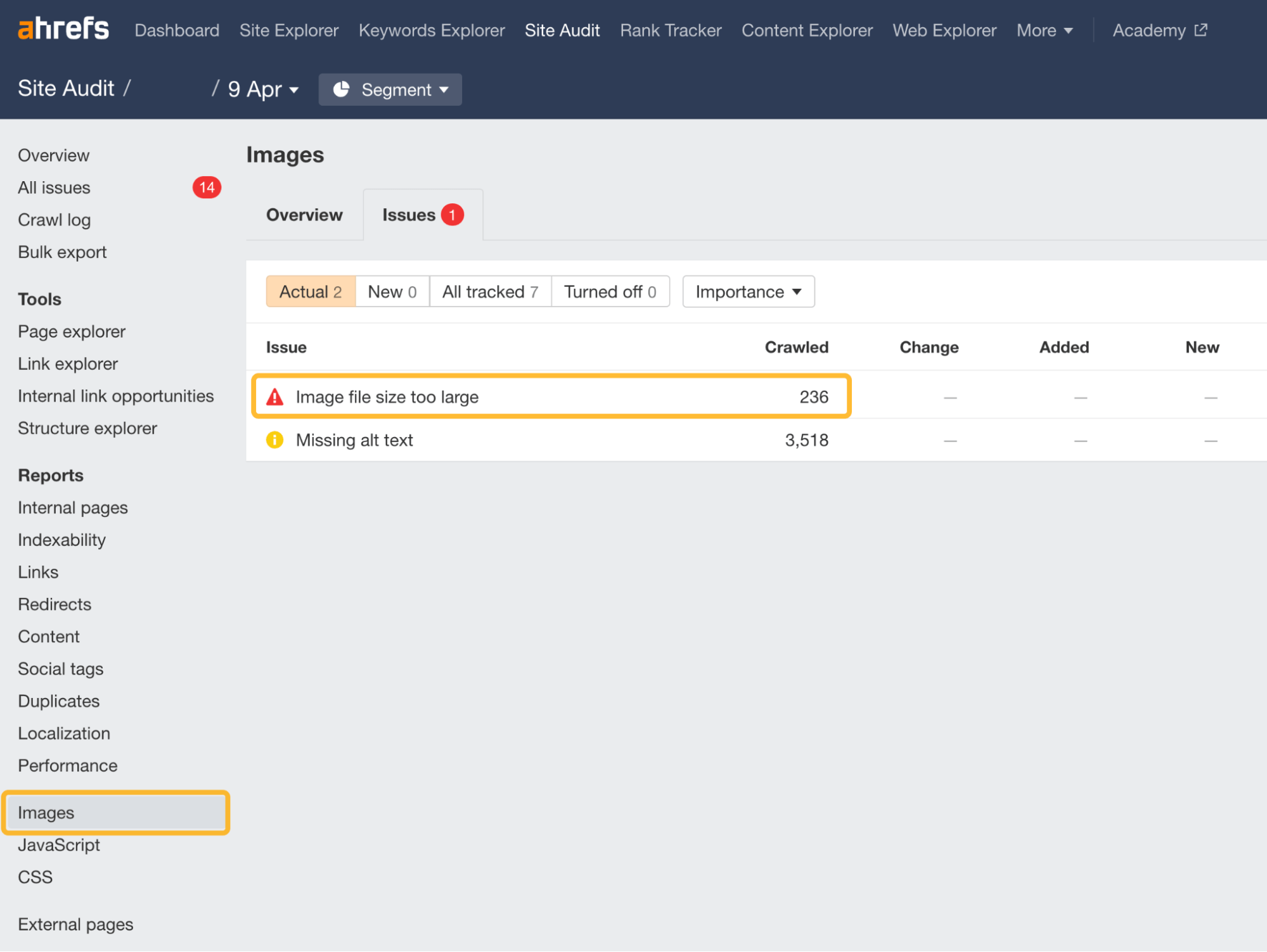 Pestaña de imágenes en Site Audit de Ahrefs