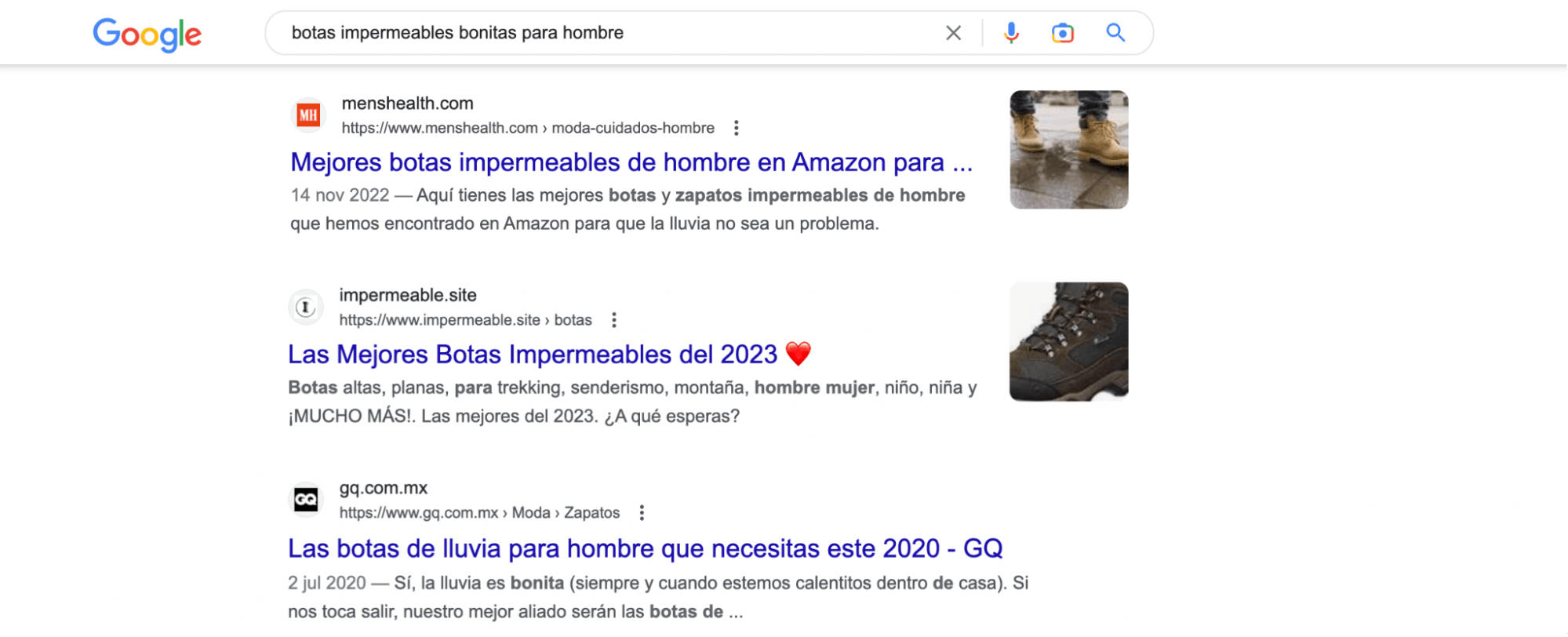  Búsqueda en Google de “botas impermeables bonitas para hombre”.
