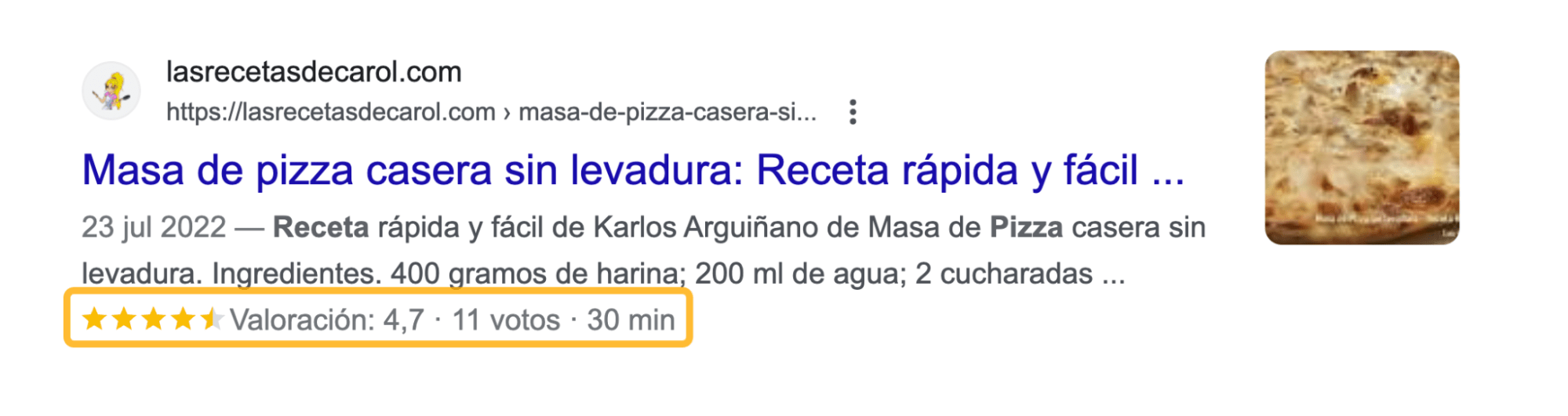 Ejemplo de marcado schema en las SERP.
