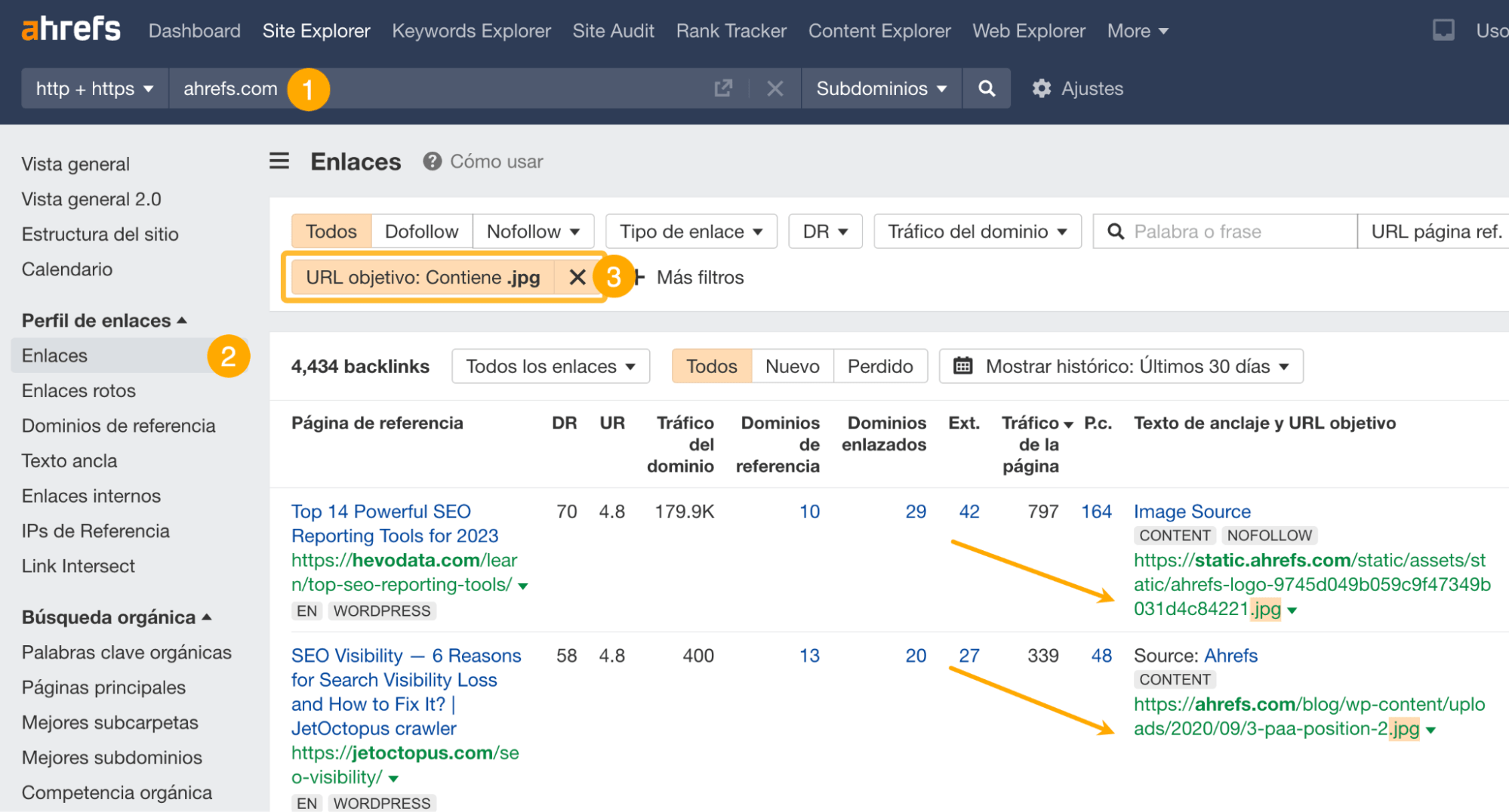 Buscando oportunidades de sitios enlazando a nuestras imágenes con el Site Explorer de Ahrefs.