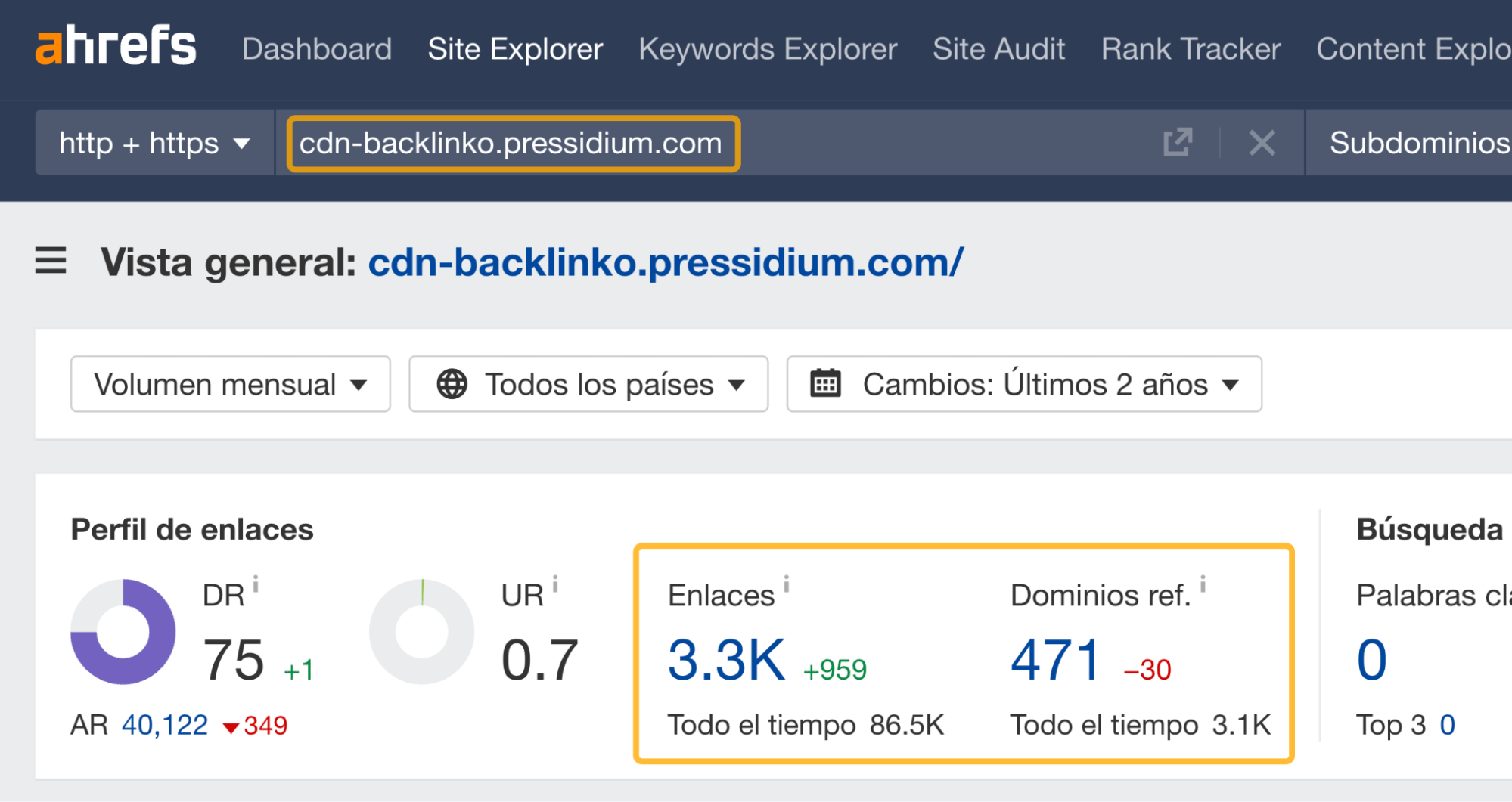 Analizando el tráfico de enlaces en el subdomonio de una CDN a través del Site Explorer de Ahrefs.