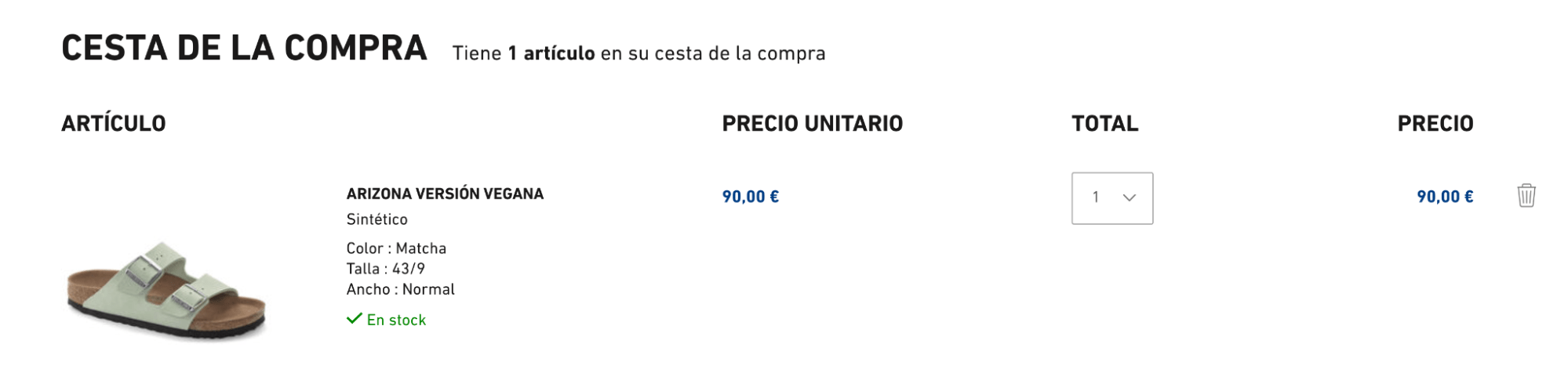 Artículo en la cesta de la compra de un ecommerce.