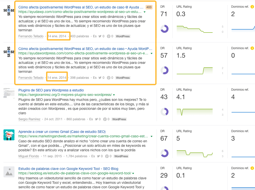 Resultados en Content Explorer, de Ahrefs