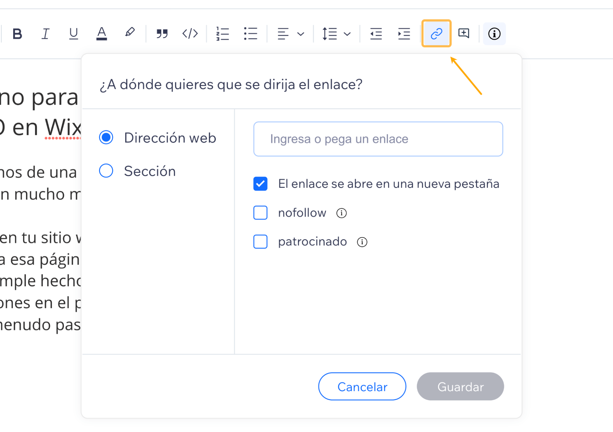 Configuración de enlaces internos de Wix.
