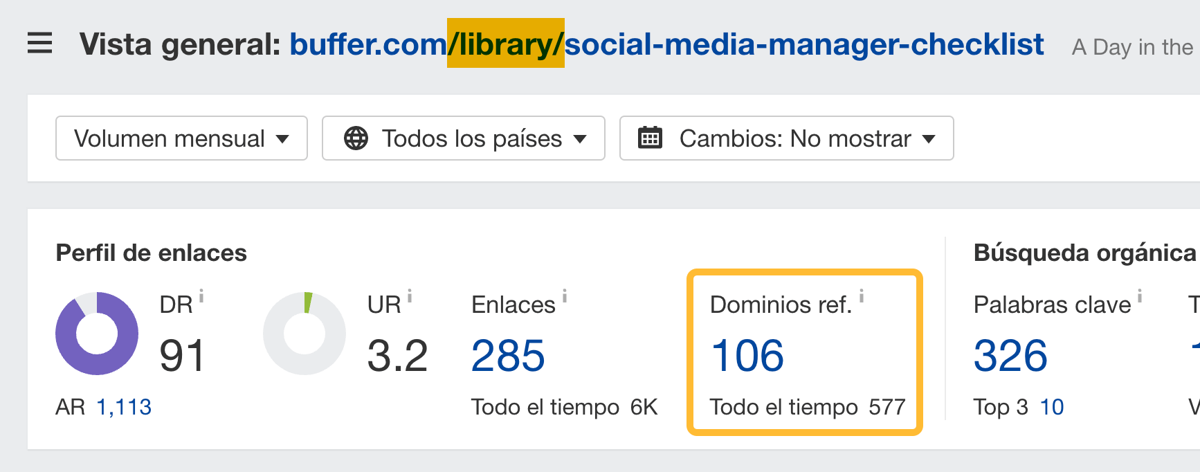 Dominios de referencia de Buffer a través del Site Explorer de Ahrefs.