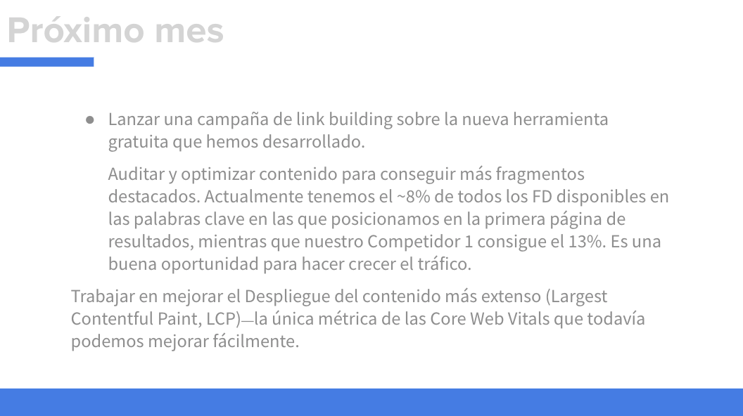 Diapositiva mostrando tareas SEO para el siguiente mes