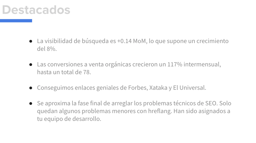 Diapositiva mostrando los puntos destacados del mes