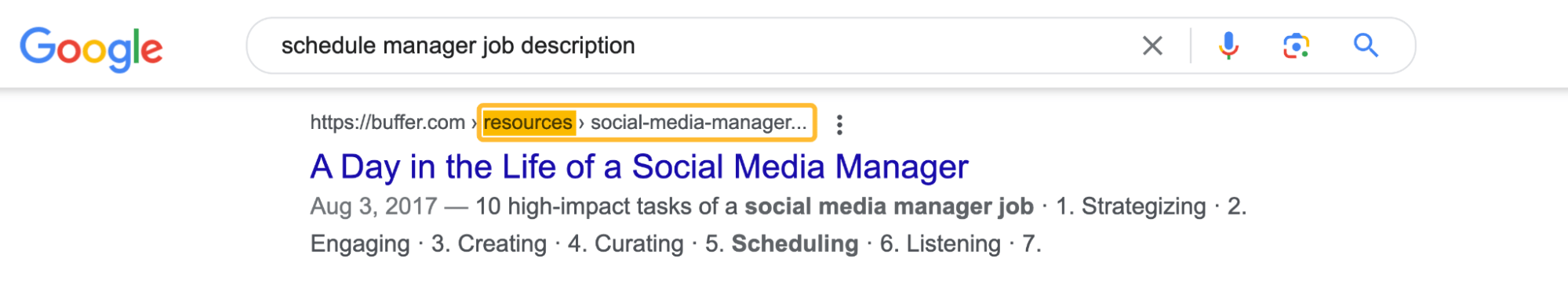 Resultados SERP para un conjunto de palabras clave que define una página de contenido duplicado.