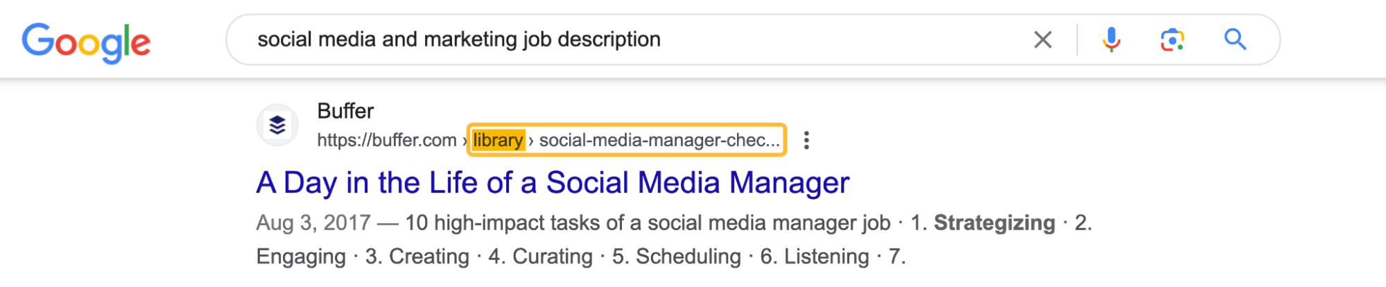 Resultados SERP para un conjunto de palabras clave que define una página de contenido duplicado.