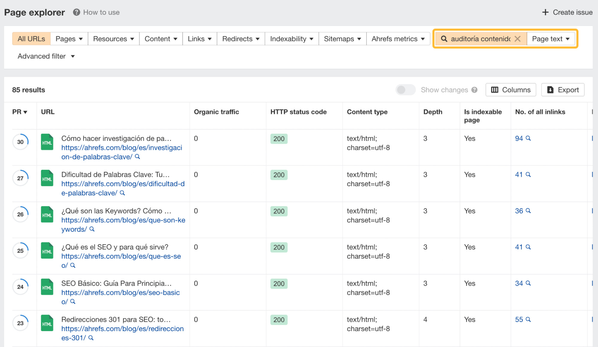 Captura de pantalla del informe de oportunidades de enlaces internos en el Page Explorer de Site Audit.