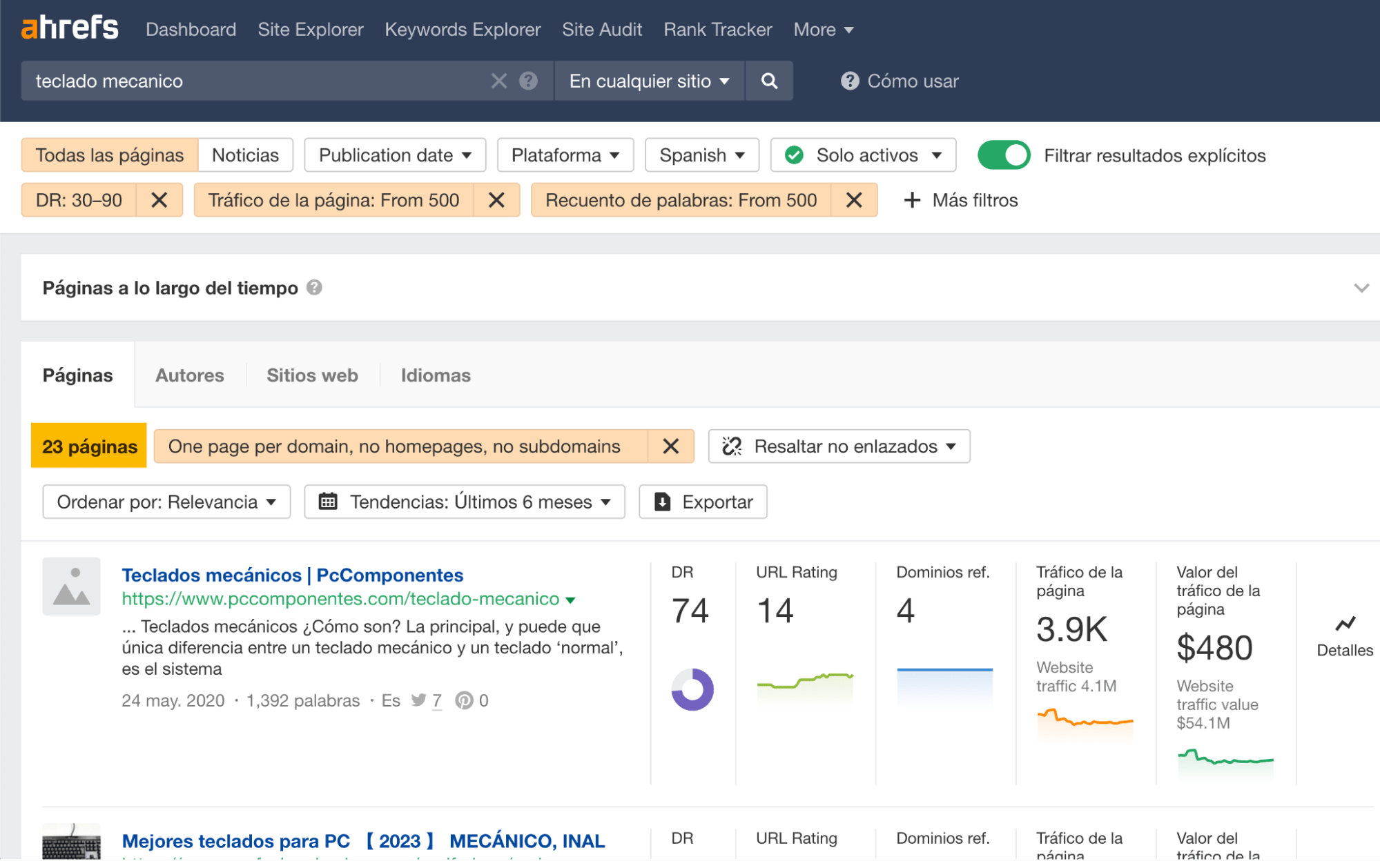 Resultados de la búsqueda de "teclado mecánico" en Content Explorer.