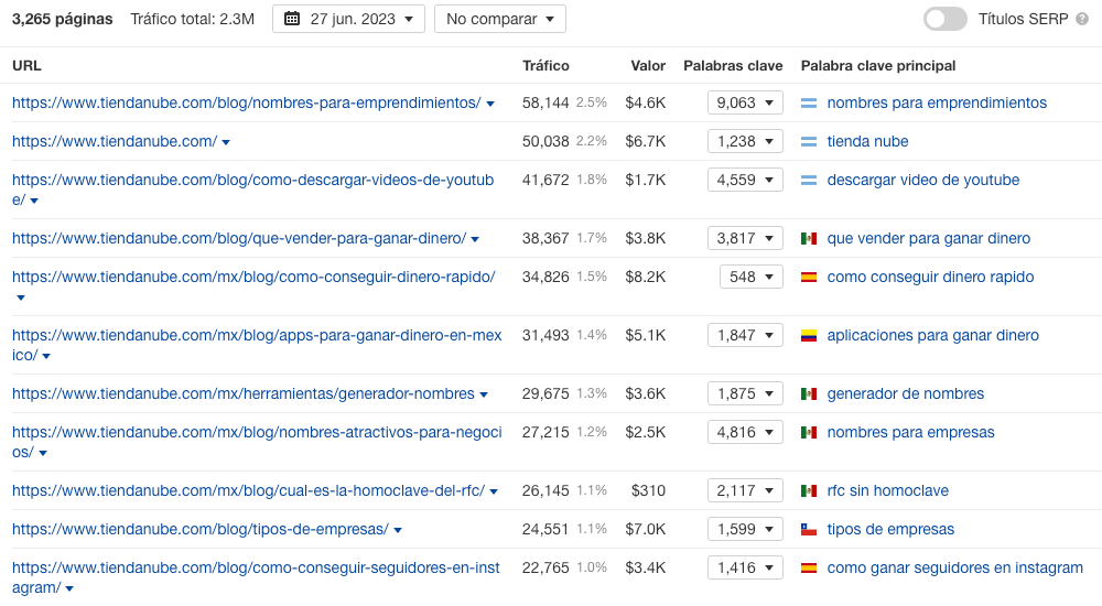 Principales paginas con trafico organico de TiendaNube en informe de Ahrefs