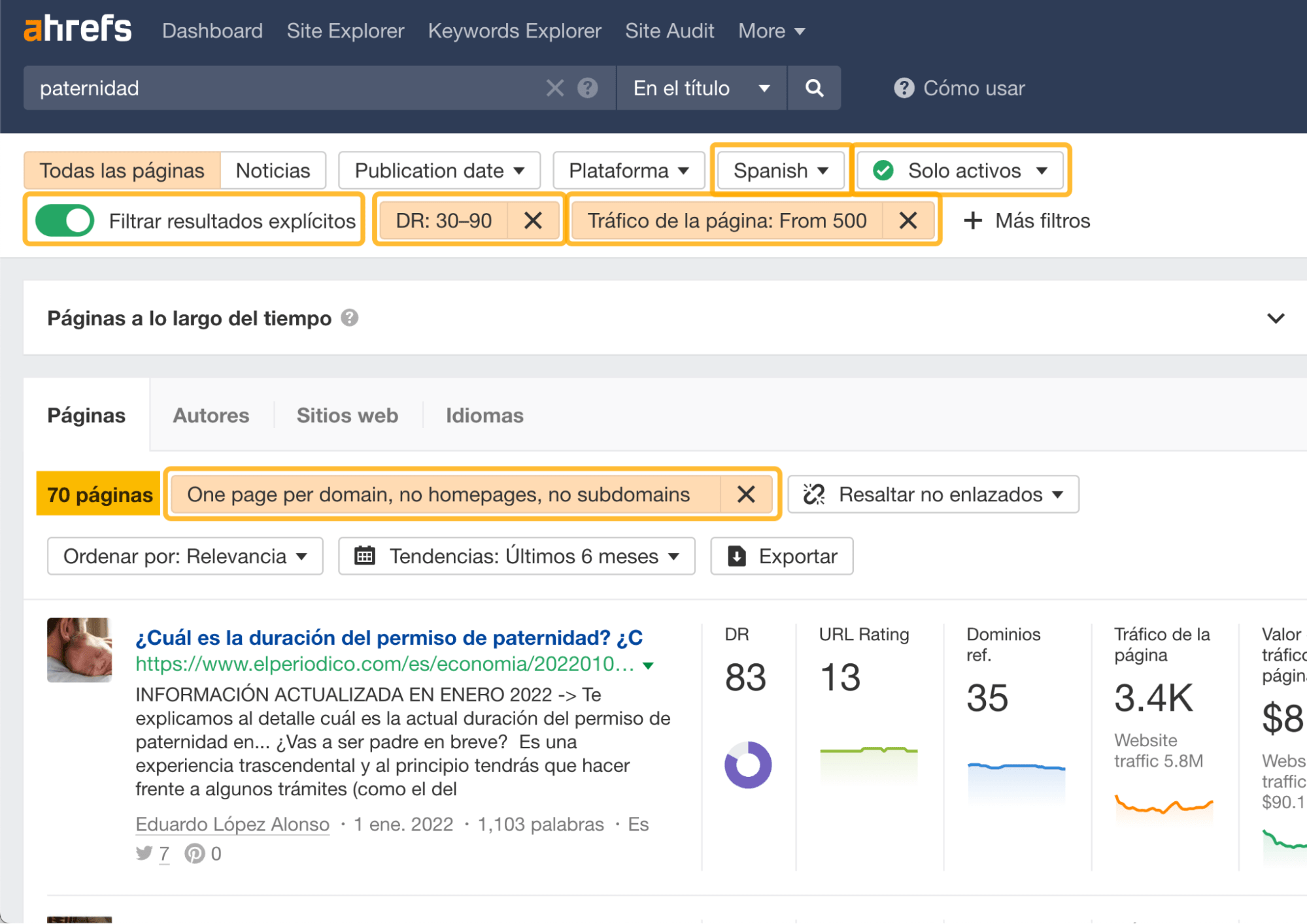 Utilizando el Content Explorer de Ahrefs para encontrar oportunidades de guest blogging.