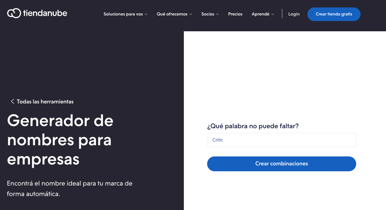 Captura de pantalla del generador de nombres de Tiendanube
