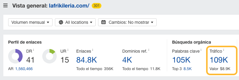 Tráfico orgánico de la Frikileria en Site Explorer Ahrefs