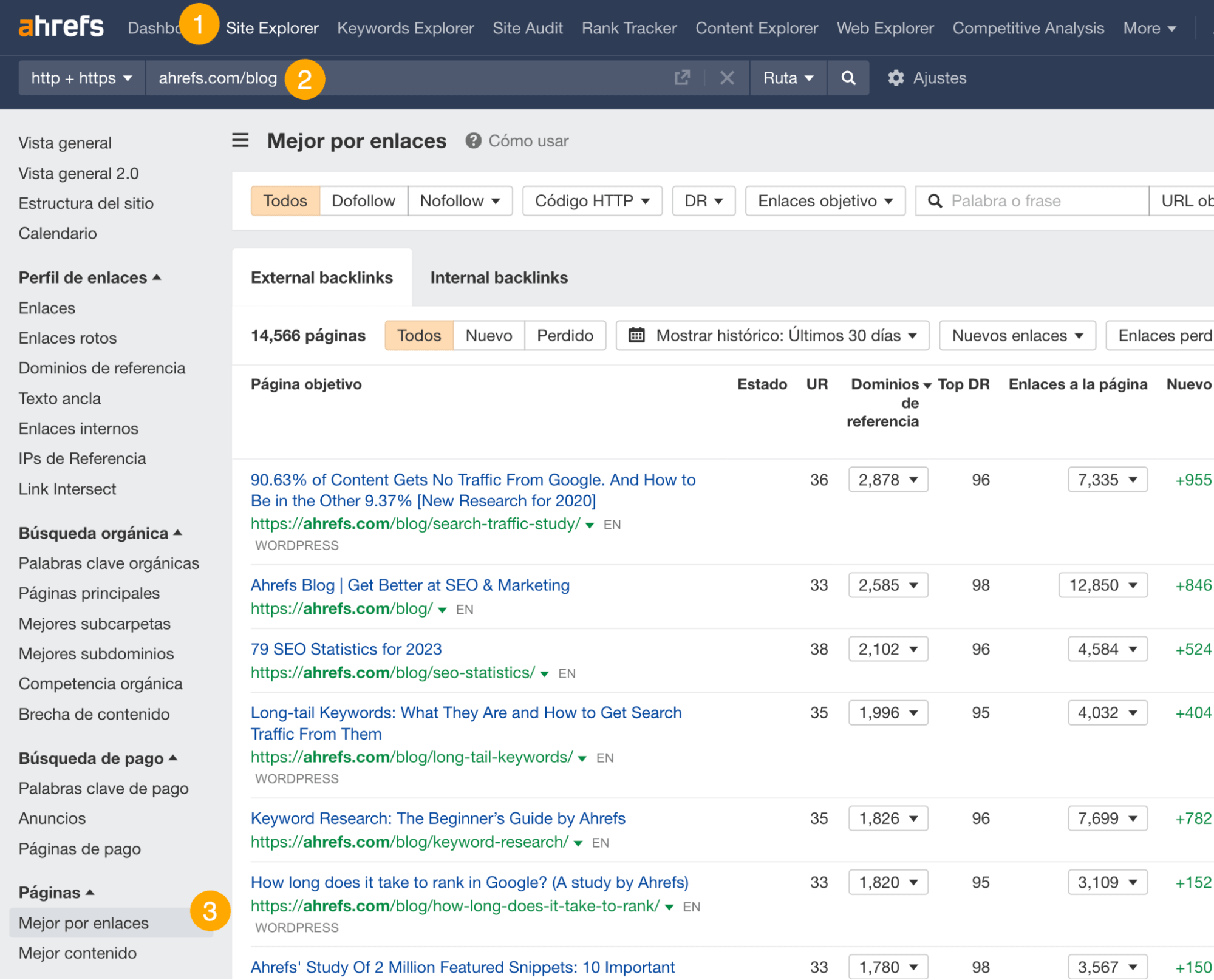 Usando el informe Mejor por enlaces para encontrar oportunidades de link bait, a través del Site Explorer de Ahrefs.