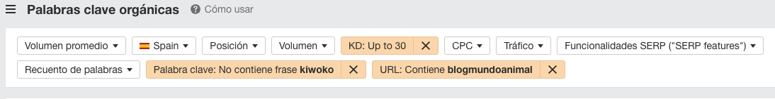 Ejemplo de filtros en Ahrefs, en el informe de "palabras clave orgánicas"