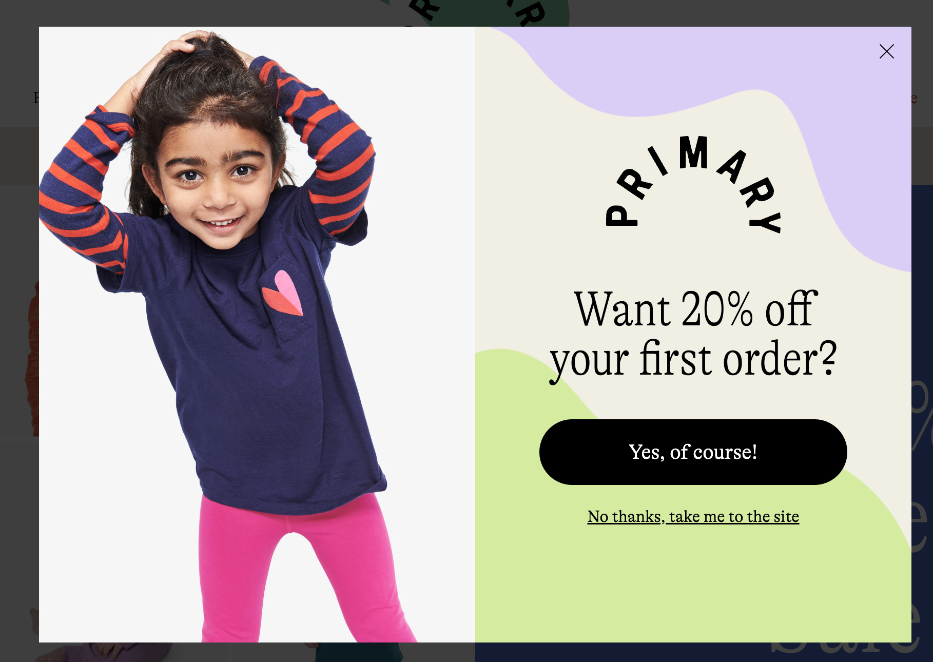 Ejemplo de pop-up de email en Primary