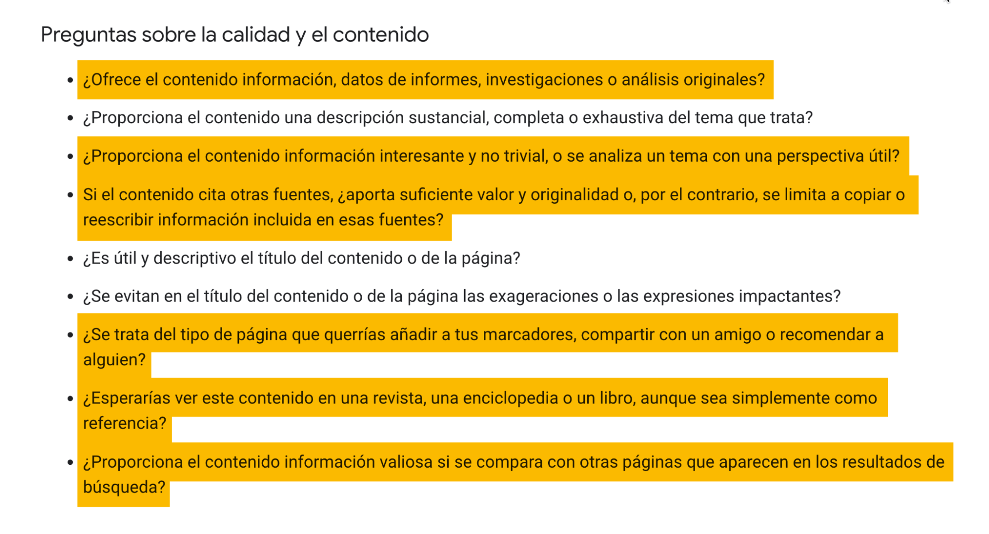 Preguntas sobre "Contenido y calidad" de Google Search Essentials.