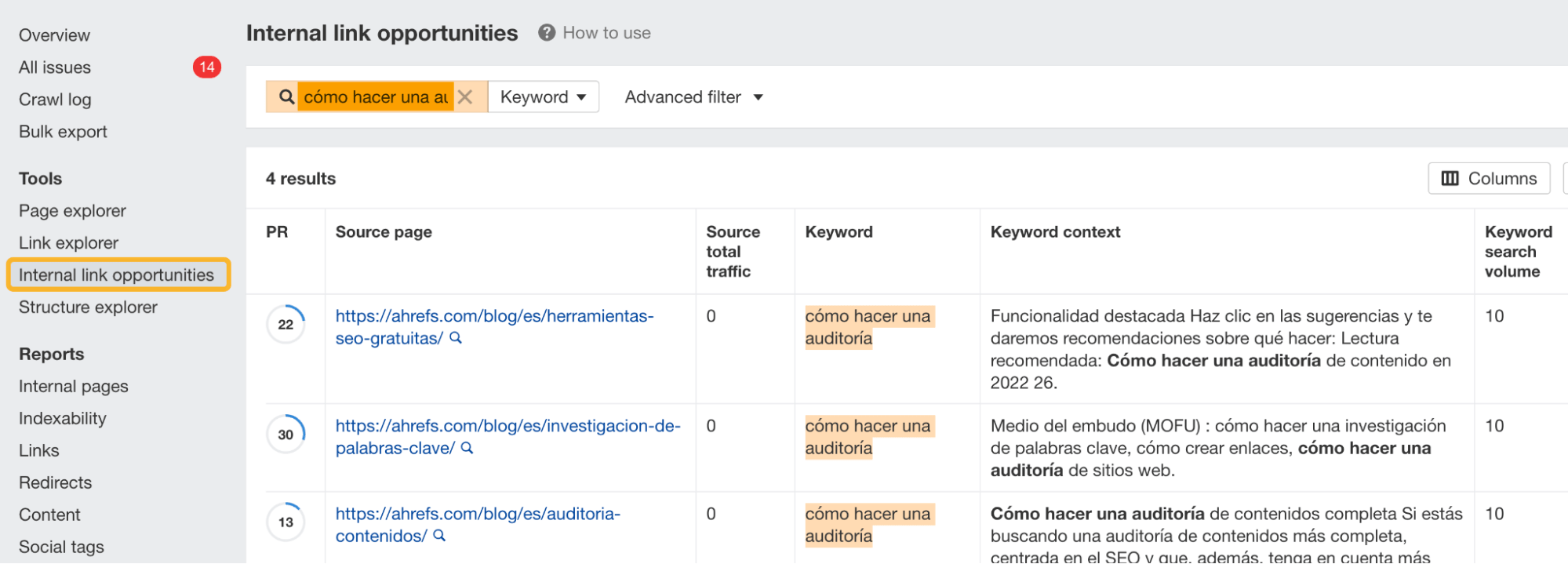 Informe Internal link opportunities (Oportunidades de enlaces internos) para "cómo hacer una auditoría".
